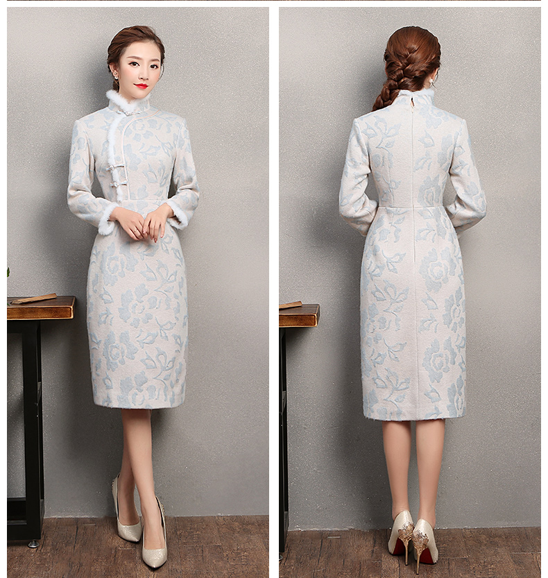 素凈淡雅旗袍，兔毛立領(lǐng)冬季旗袍裙