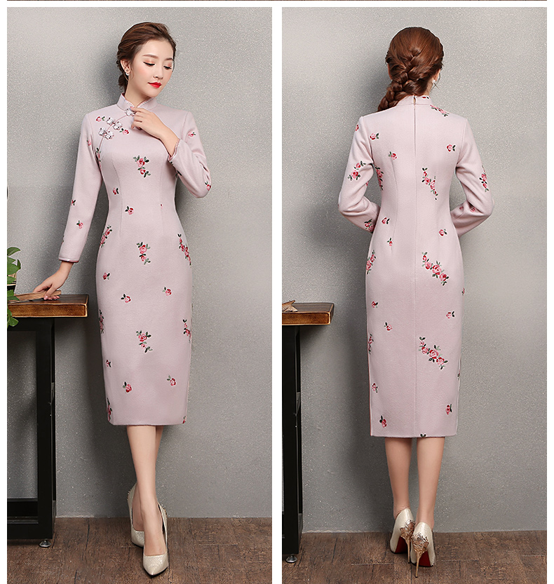 淡粉繡小花旗袍，粉嫩清純旗袍裙