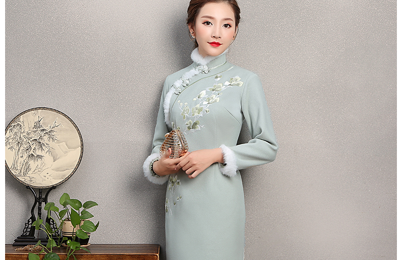 碧綠色繡花旗袍，素淡文藝旗袍裙