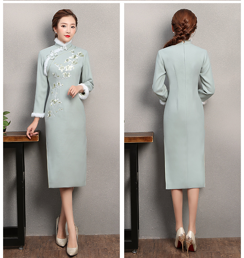 碧綠色繡花旗袍，素淡文藝旗袍裙