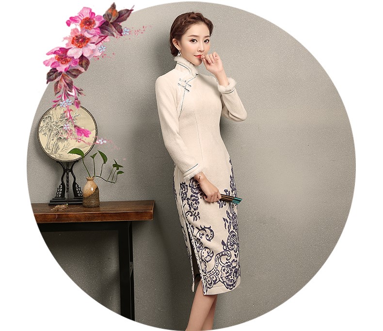 青花瓷素雅旗袍，別致兔毛立領(lǐng)旗袍裙