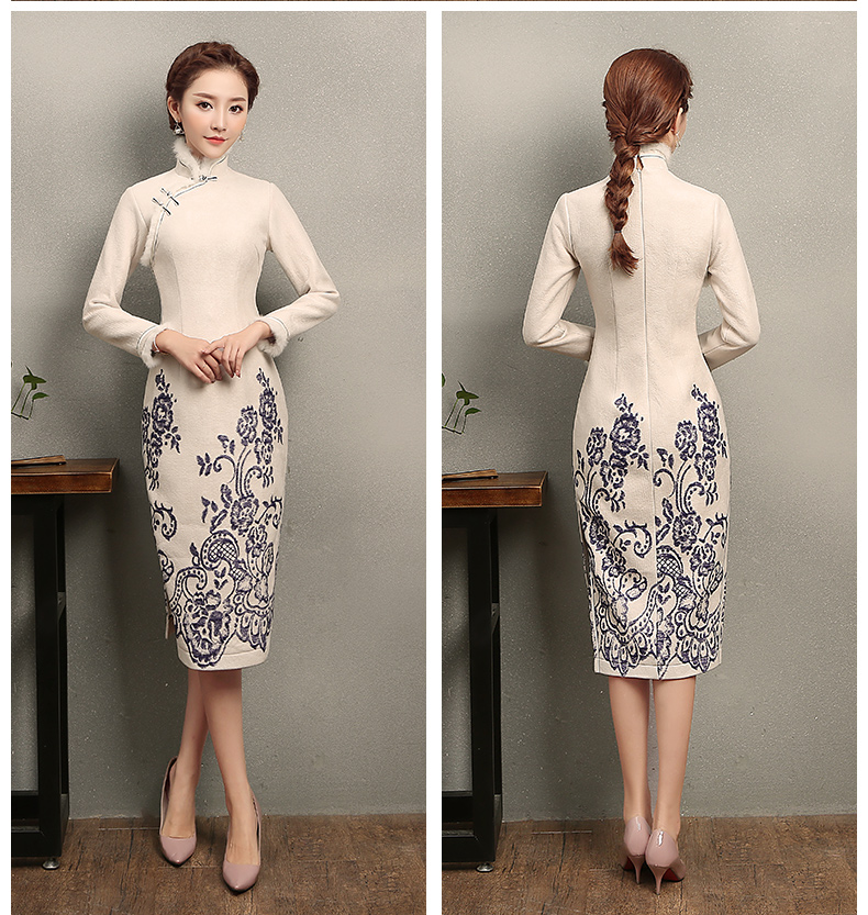 青花瓷素雅旗袍，別致兔毛立領(lǐng)旗袍裙