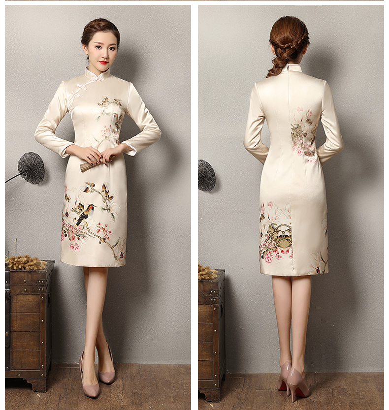 淺杏色樂(lè)鵲旗袍，清新復(fù)古旗袍裙