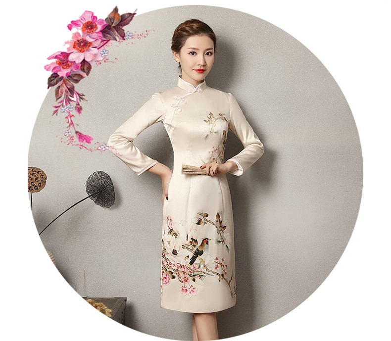 淺杏色樂(lè)鵲旗袍，清新復(fù)古旗袍裙