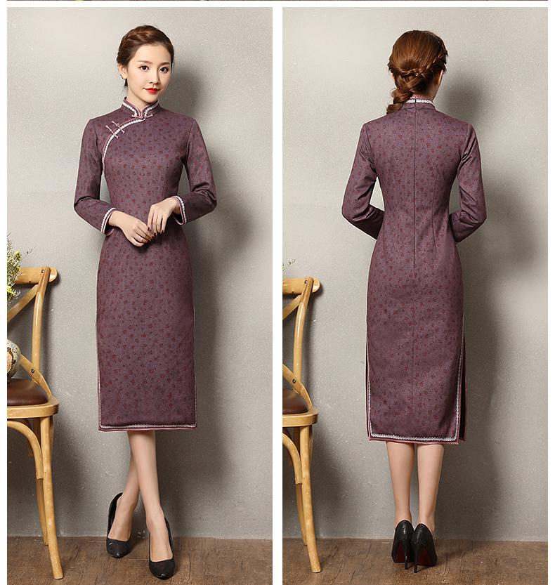 灰紫色雅玉旗袍，復(fù)古暗紅色小花旗袍裙