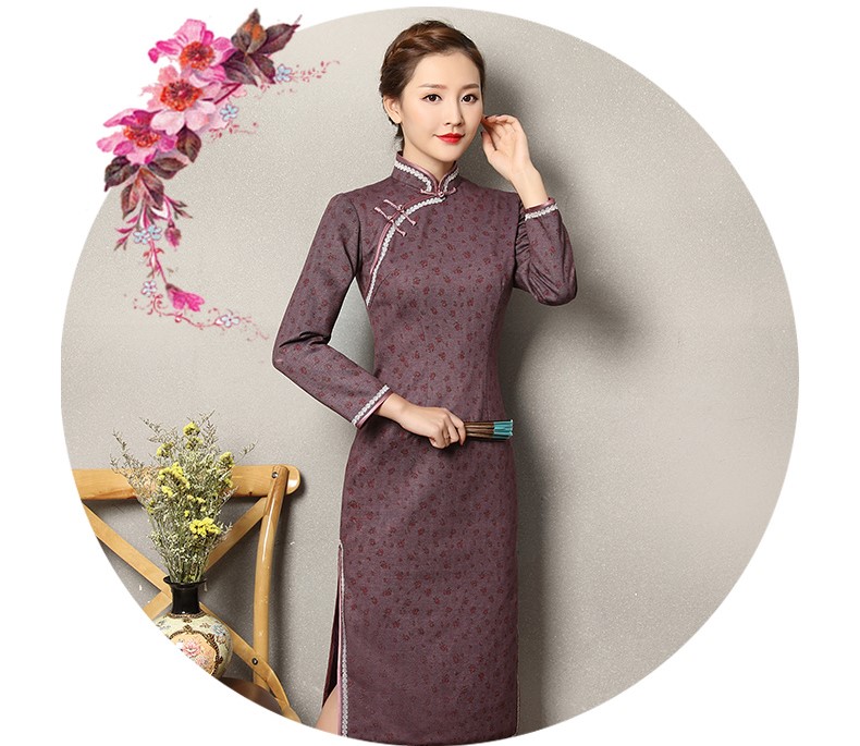 灰紫色雅玉旗袍，復(fù)古暗紅色小花旗袍裙
