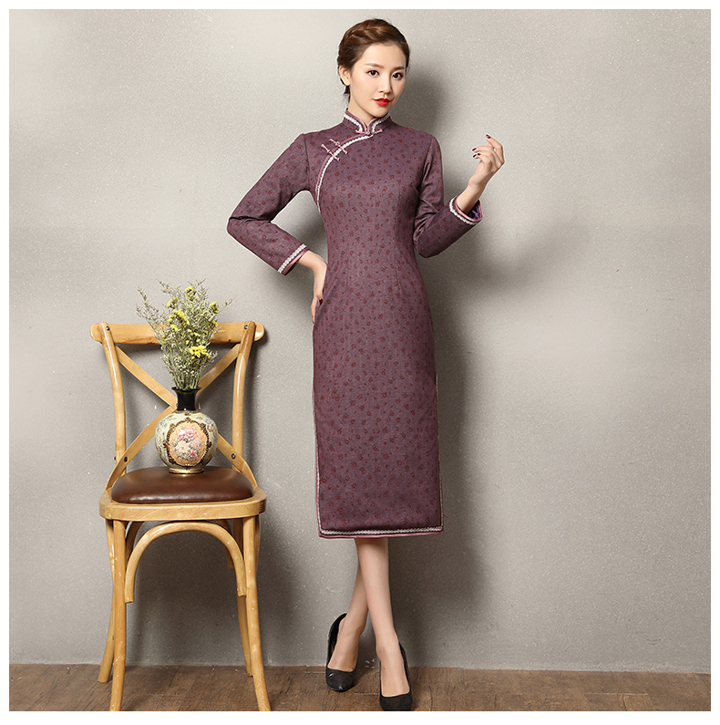 灰紫色雅玉旗袍，復(fù)古暗紅色小花旗袍裙