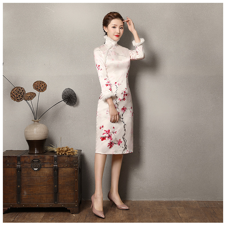 素雅紅雪水墨旗袍，復古梅花旗袍裙