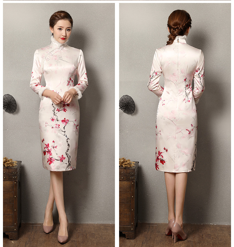 素雅紅雪水墨旗袍，復古梅花旗袍裙