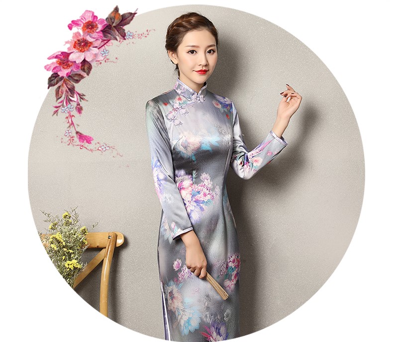 藍(lán)色提花孔雀旗袍，復(fù)古花域旗袍裙