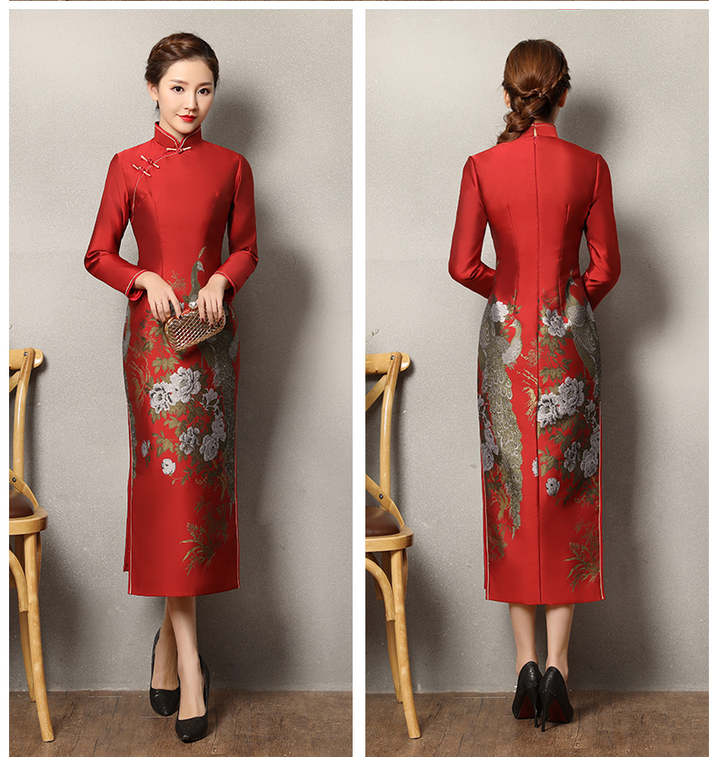 牡丹孔雀紅色旗袍，復(fù)古火鳳旗袍裙
