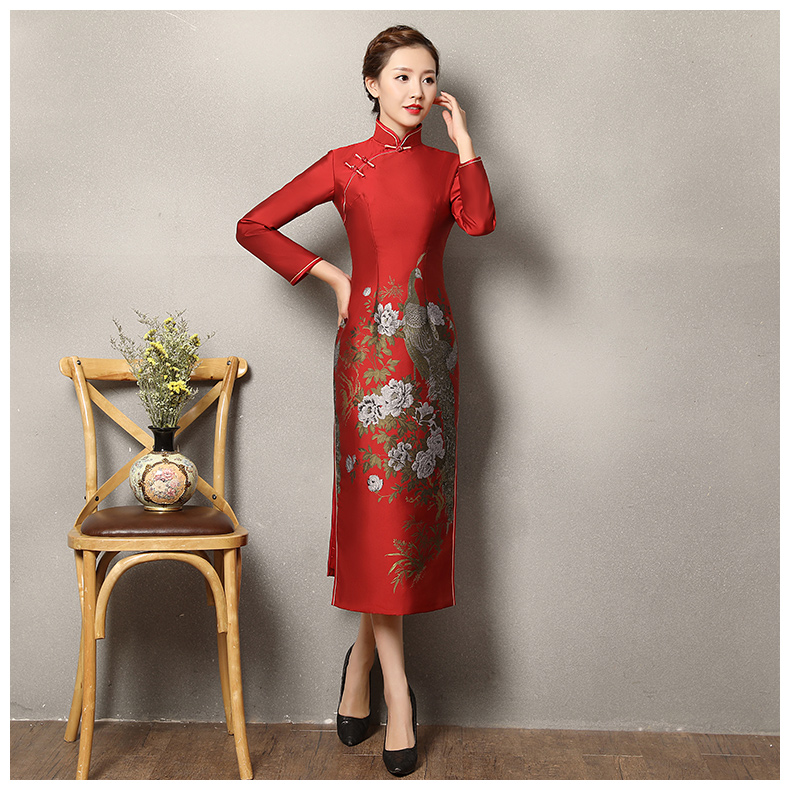 牡丹孔雀紅色旗袍，復(fù)古火鳳旗袍裙