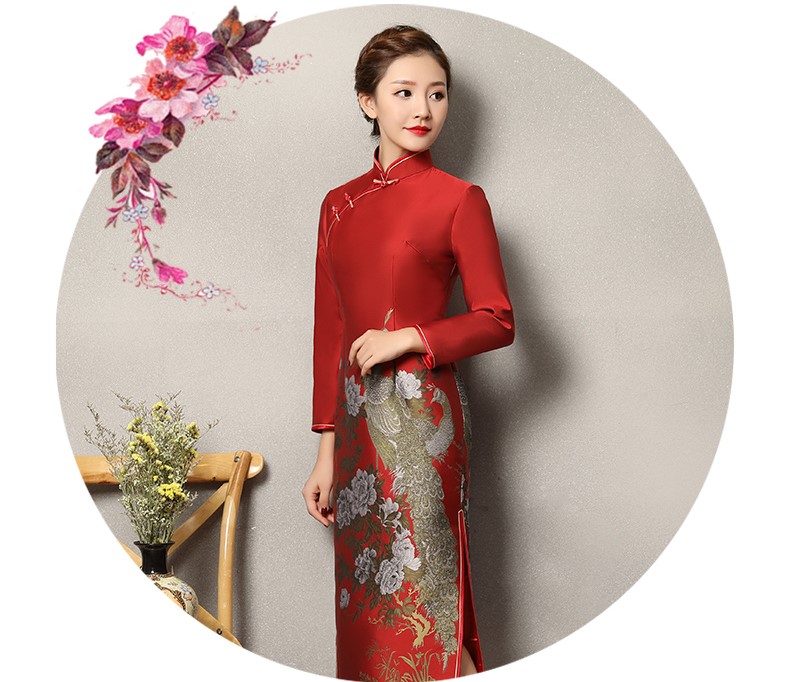 牡丹孔雀紅色旗袍，復(fù)古火鳳旗袍裙