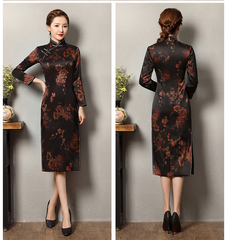 深色印暗紅花旗袍，優(yōu)雅韻放旗袍裙