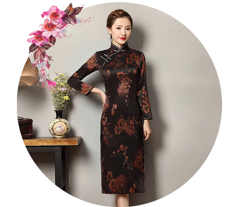 深色印暗紅花旗袍，優(yōu)雅韻放旗袍裙