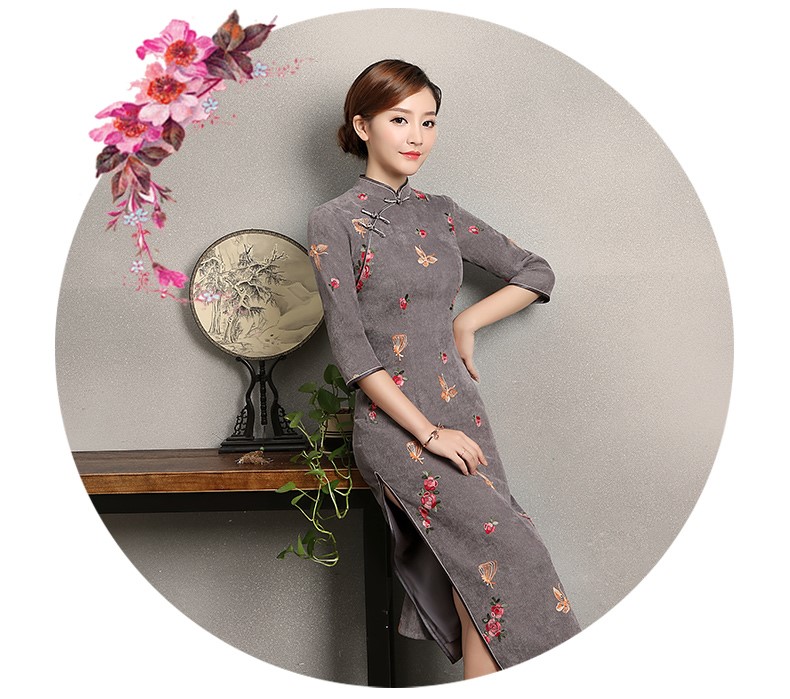 藍(lán)灰色蝴蝶旗袍，優(yōu)雅復(fù)古旗袍裙