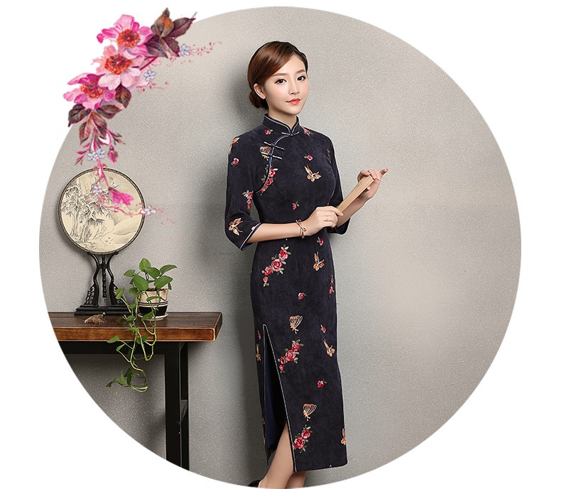 藍(lán)灰色蝴蝶旗袍，優(yōu)雅復(fù)古旗袍裙