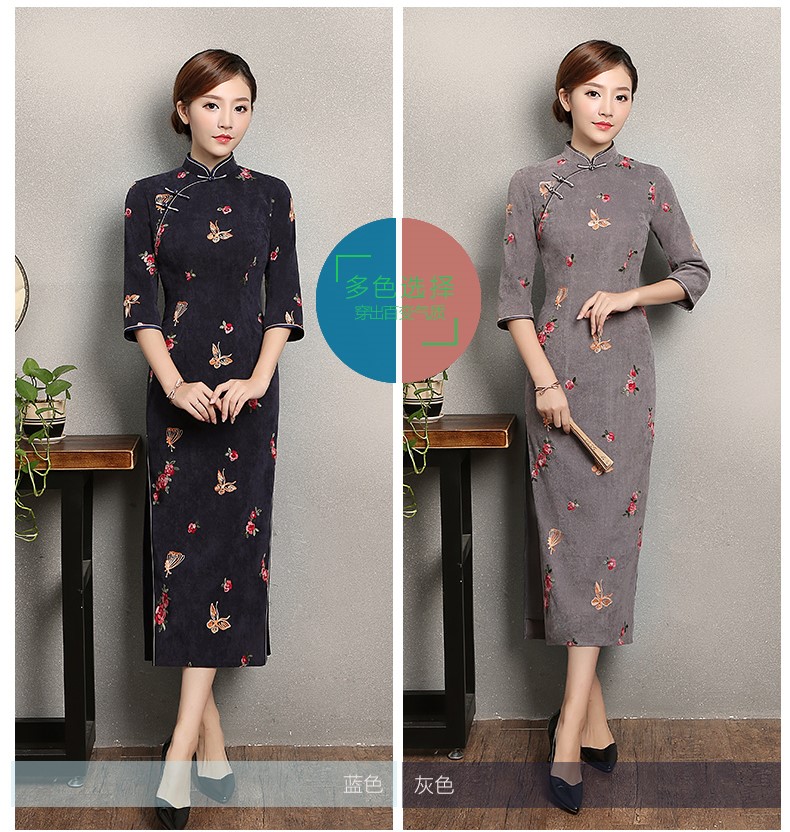 藍(lán)灰色蝴蝶旗袍，優(yōu)雅復(fù)古旗袍裙
