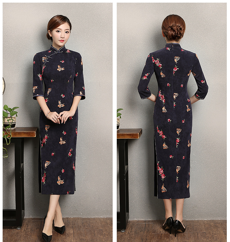 藍(lán)灰色蝴蝶旗袍，優(yōu)雅復(fù)古旗袍裙