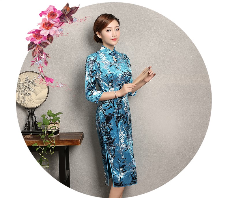 藍色印花郁蘭旗袍，優(yōu)雅復古旗袍裙