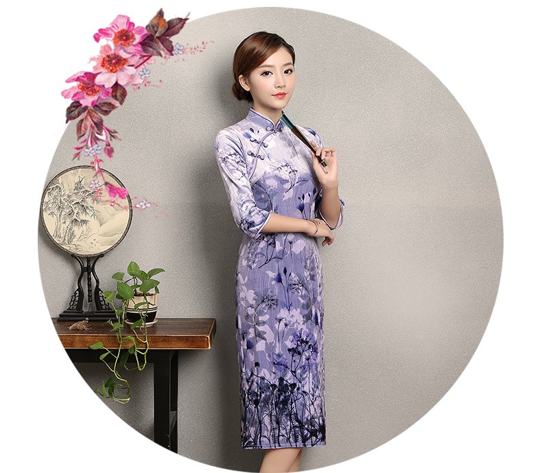 淡紫色印花旗袍，高貴典雅旗袍裙