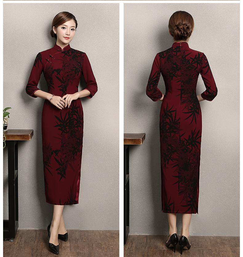 暗紅色竹香旗袍，古典中袖旗袍裙