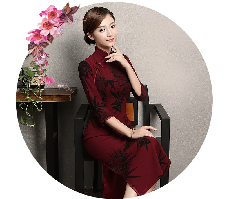 暗紅色竹香旗袍，古典中袖旗袍裙