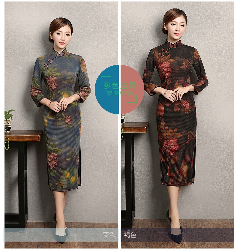 牡丹花色旗袍，古典中袖旗袍裙