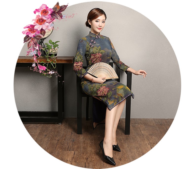 牡丹花色旗袍，古典中袖旗袍裙