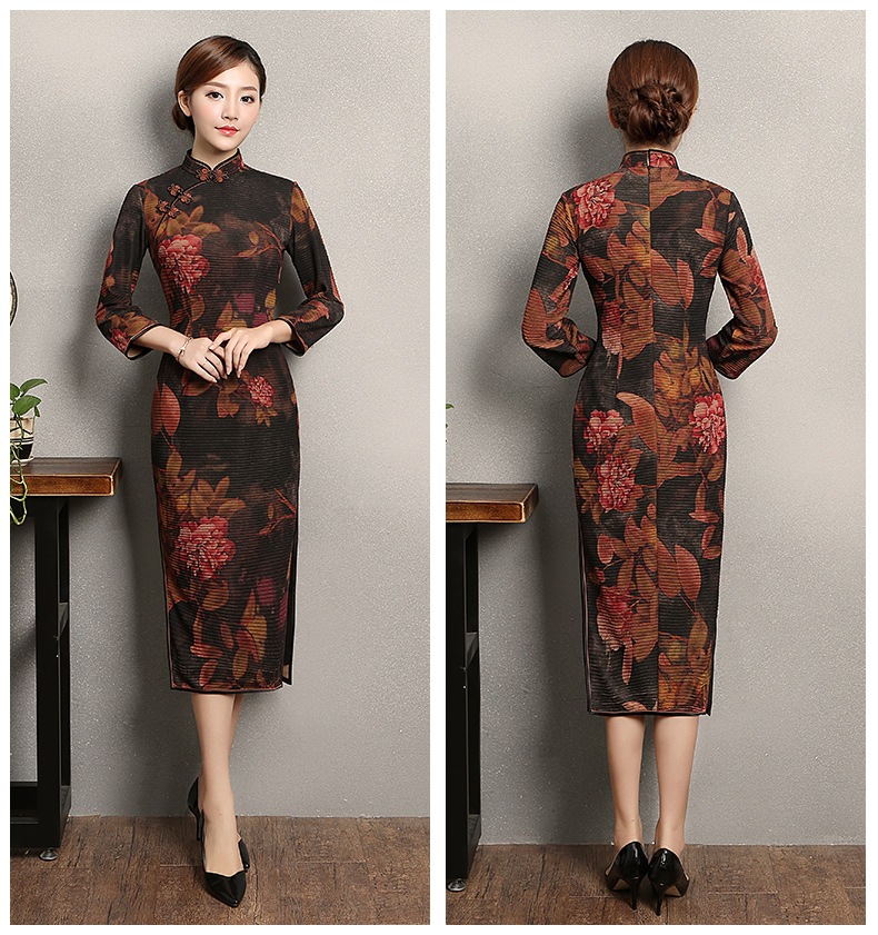牡丹花色旗袍，古典中袖旗袍裙
