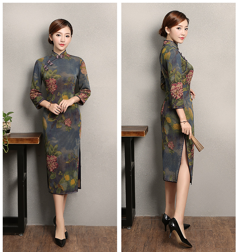 牡丹花色旗袍，古典中袖旗袍裙