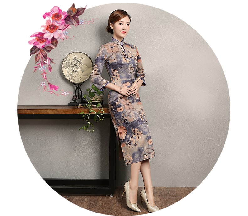 復(fù)古印花旗袍，藍(lán)紫色中袖旗袍裙