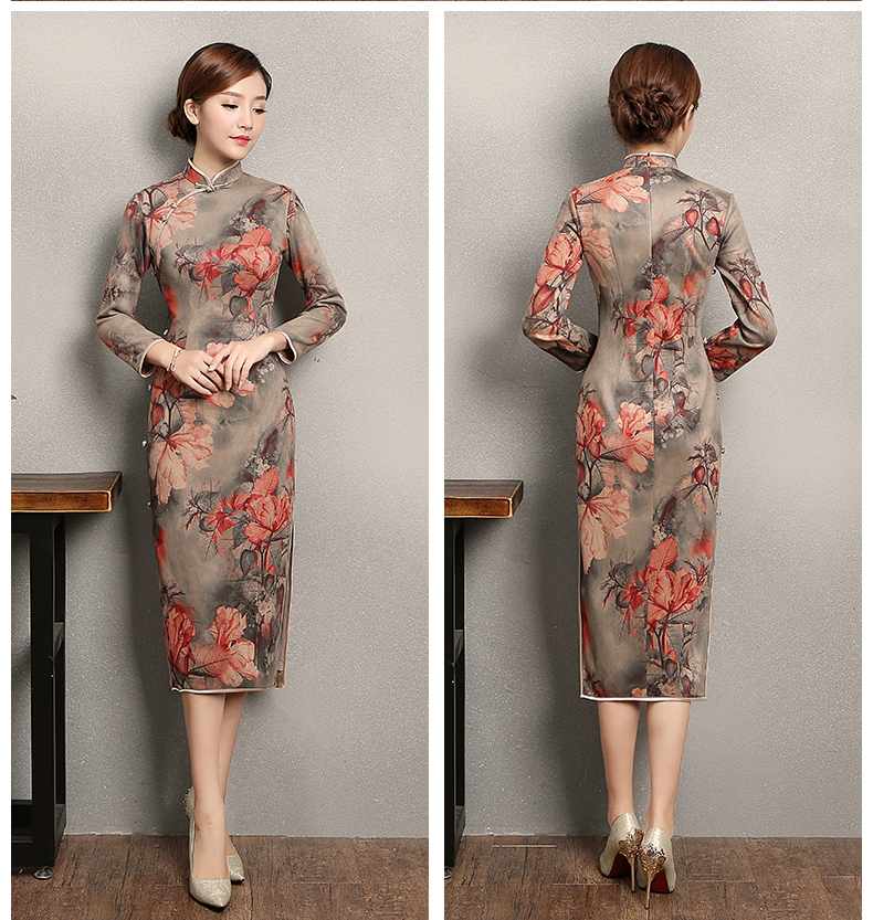 復(fù)古風(fēng)紅旦旗袍，中式紅花朵旗袍裙