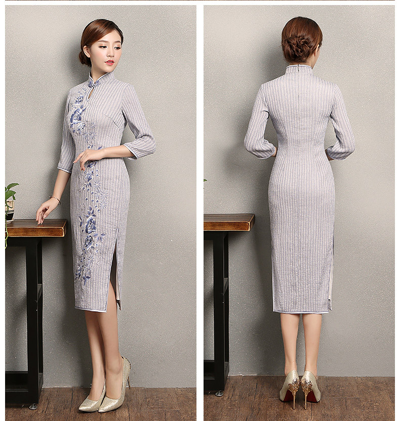 淡紫色條紋旗袍，文藝復古繡花旗袍裙