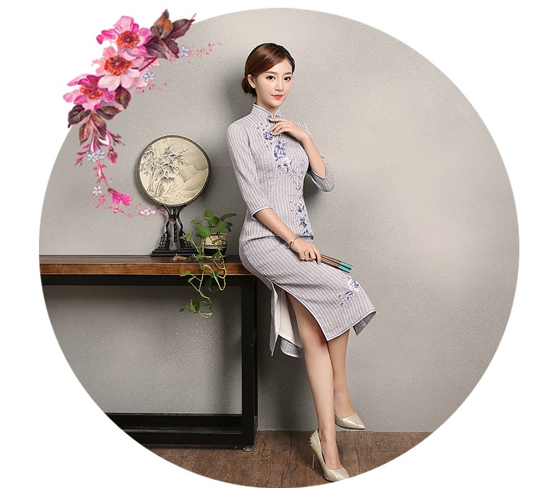 淡紫色條紋旗袍，文藝復古繡花旗袍裙