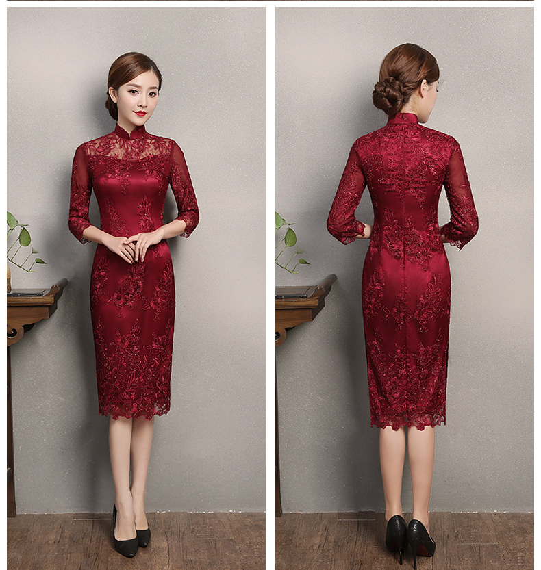 紅色蕾絲旗袍，復古刺繡旗袍裙