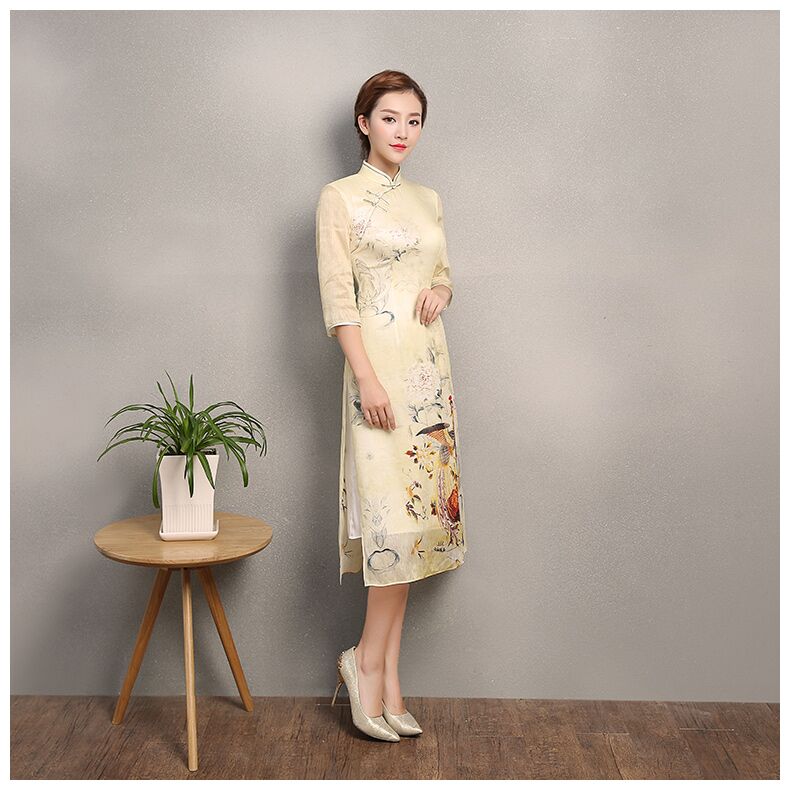 淡黃色靈鳳旗袍，奧黛改良旗袍裙