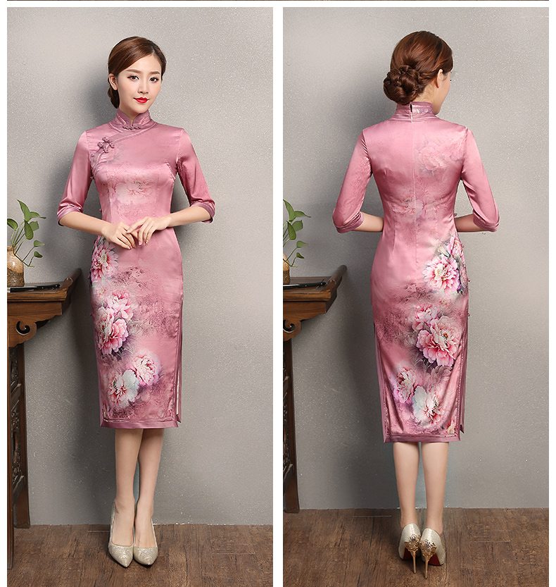 粉色墨畫旗袍，中袖真絲旗袍裙