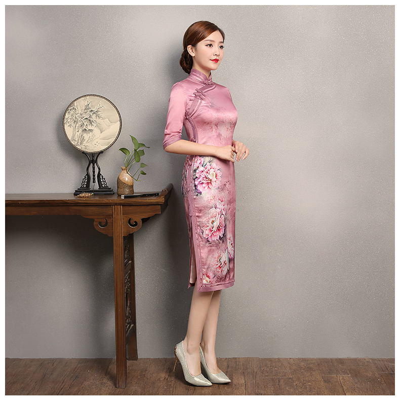 粉色墨畫旗袍，中袖真絲旗袍裙