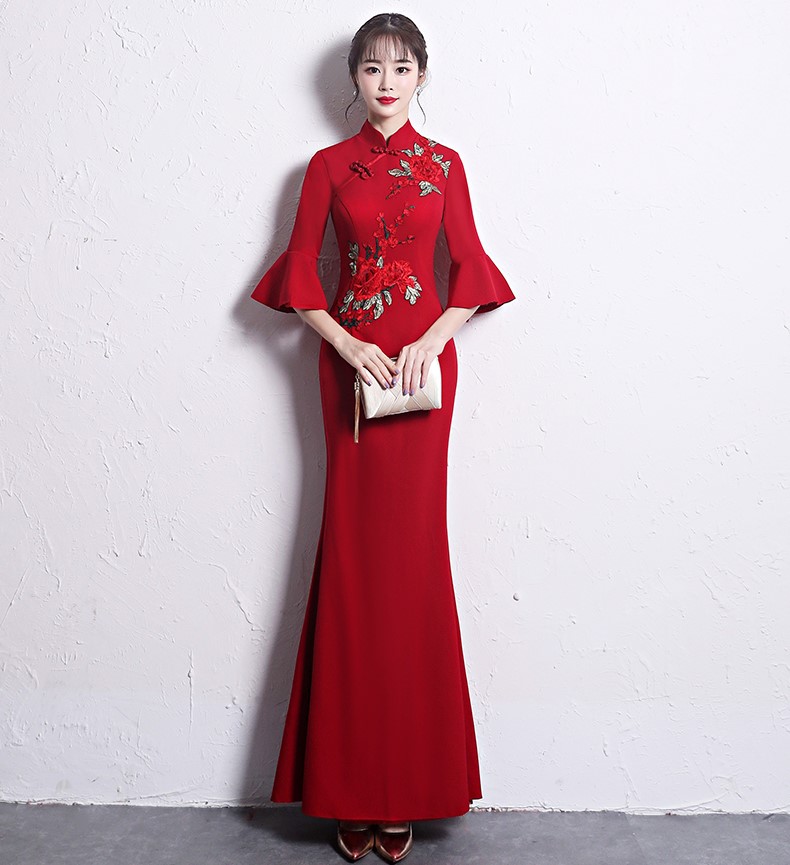 時尚復古中式禮服，喇叭袖晚禮服