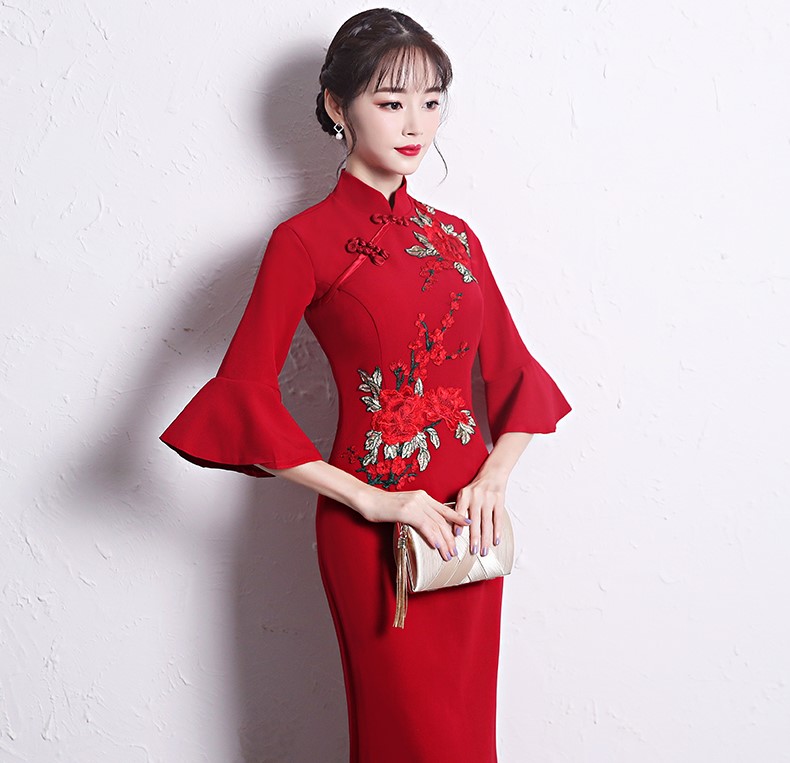 時尚復古中式禮服，喇叭袖晚禮服