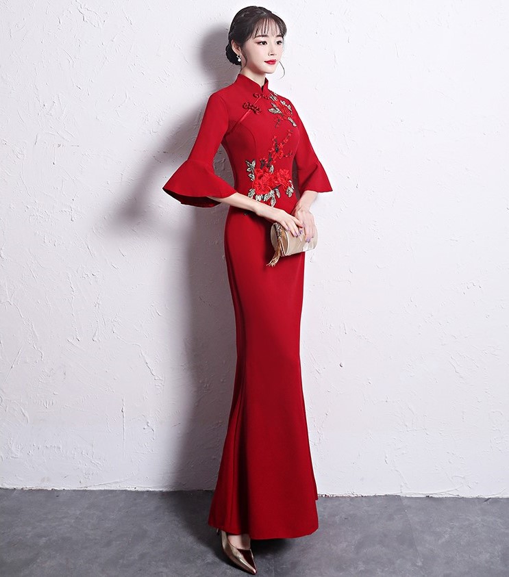 時尚復古中式禮服，喇叭袖晚禮服