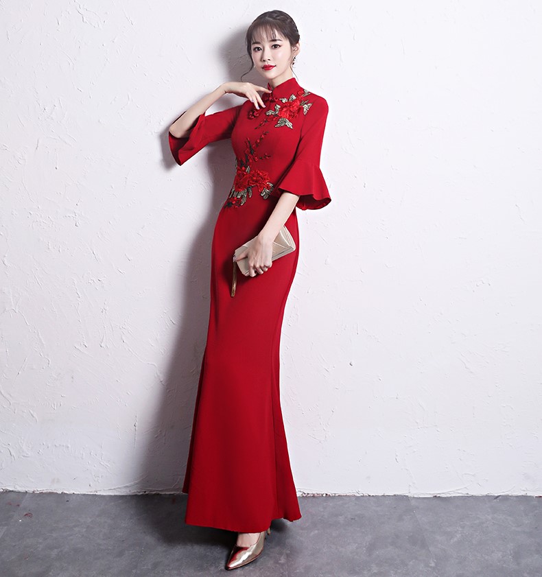 時尚復古中式禮服，喇叭袖晚禮服