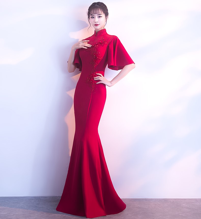 時(shí)尚喇叭袖口中式禮服，立體花朵魚(yú)尾晚禮服