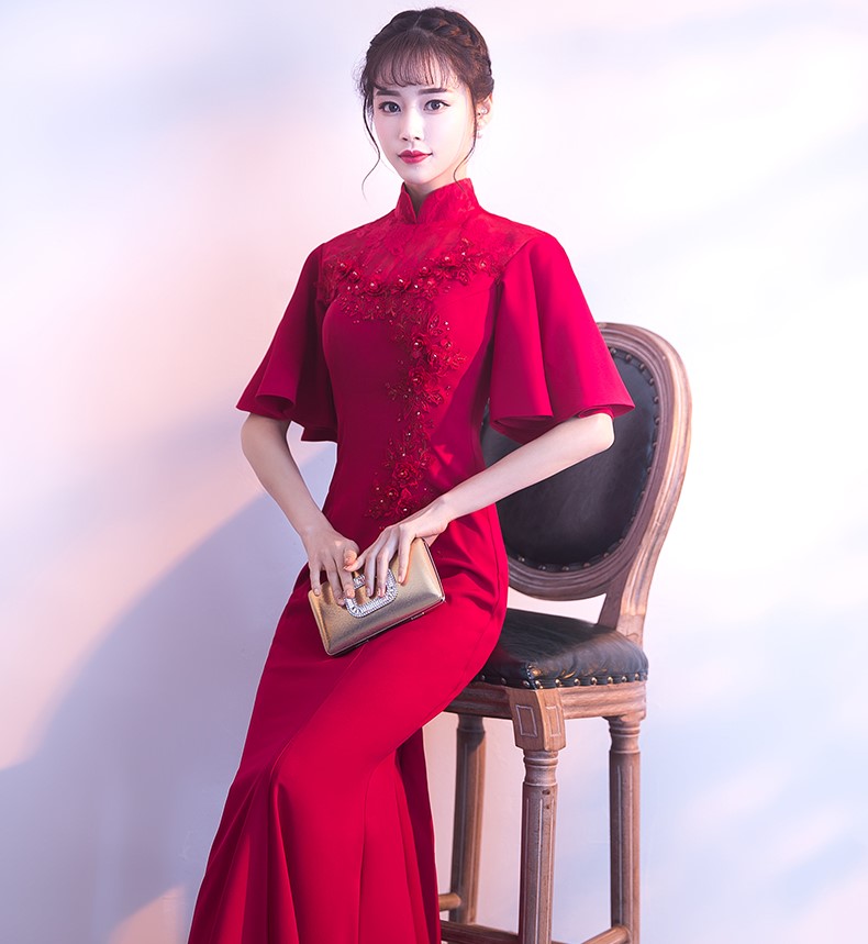 時(shí)尚喇叭袖口中式禮服，立體花朵魚(yú)尾晚禮服