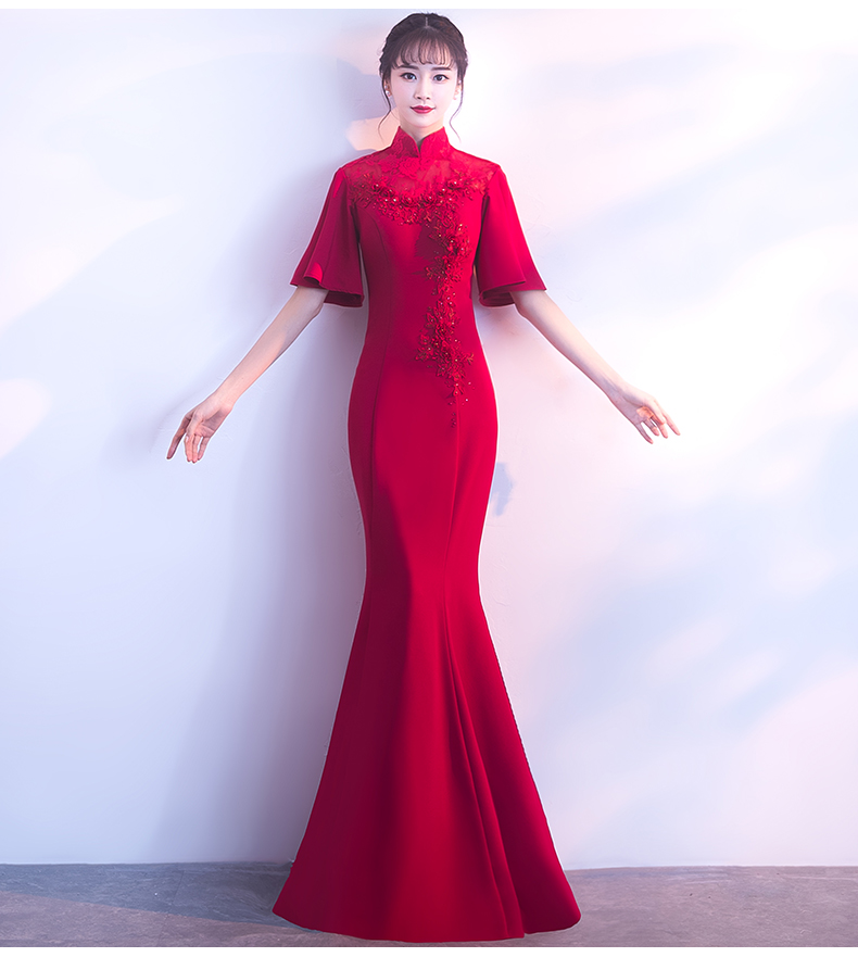 時(shí)尚喇叭袖口中式禮服，立體花朵魚(yú)尾晚禮服