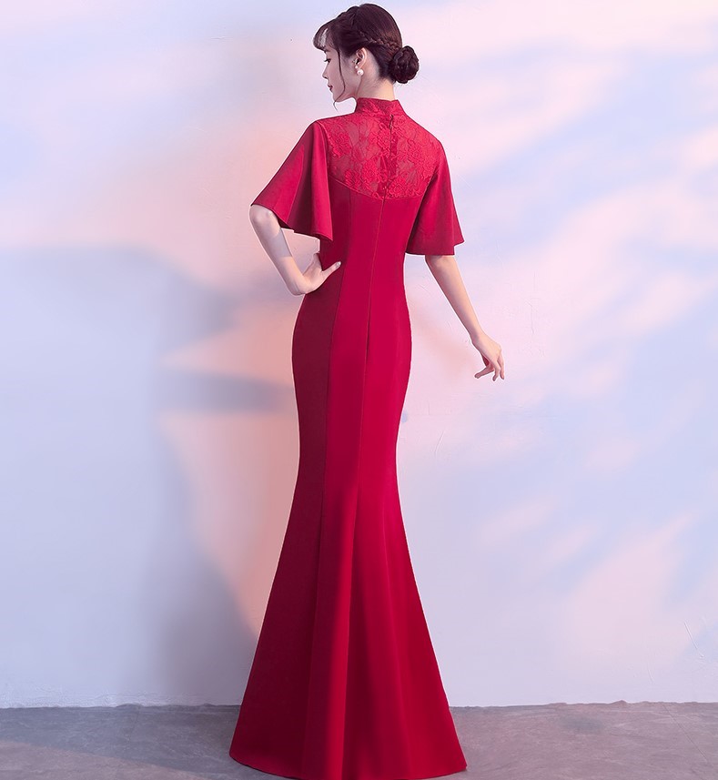 時(shí)尚喇叭袖口中式禮服，立體花朵魚(yú)尾晚禮服