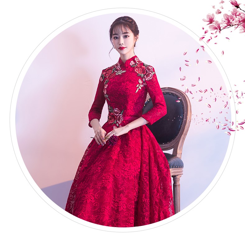 古典蕾絲中式禮服，優(yōu)雅花朵晚禮服