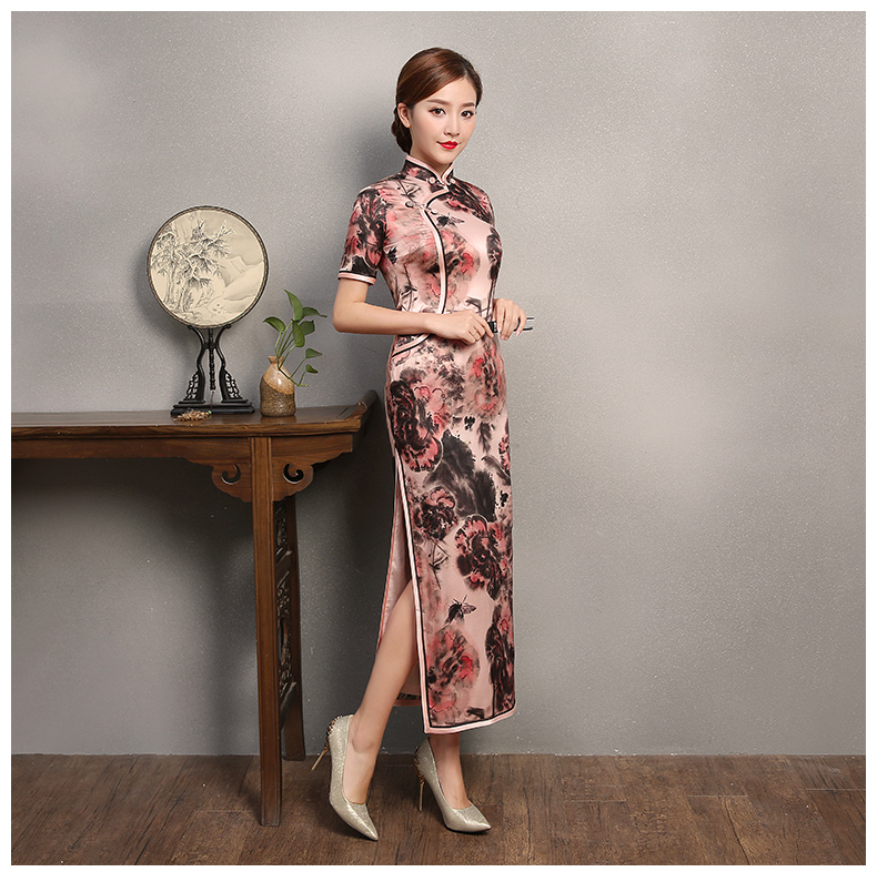 秋鴻印花旗袍，真絲中袖旗袍裙