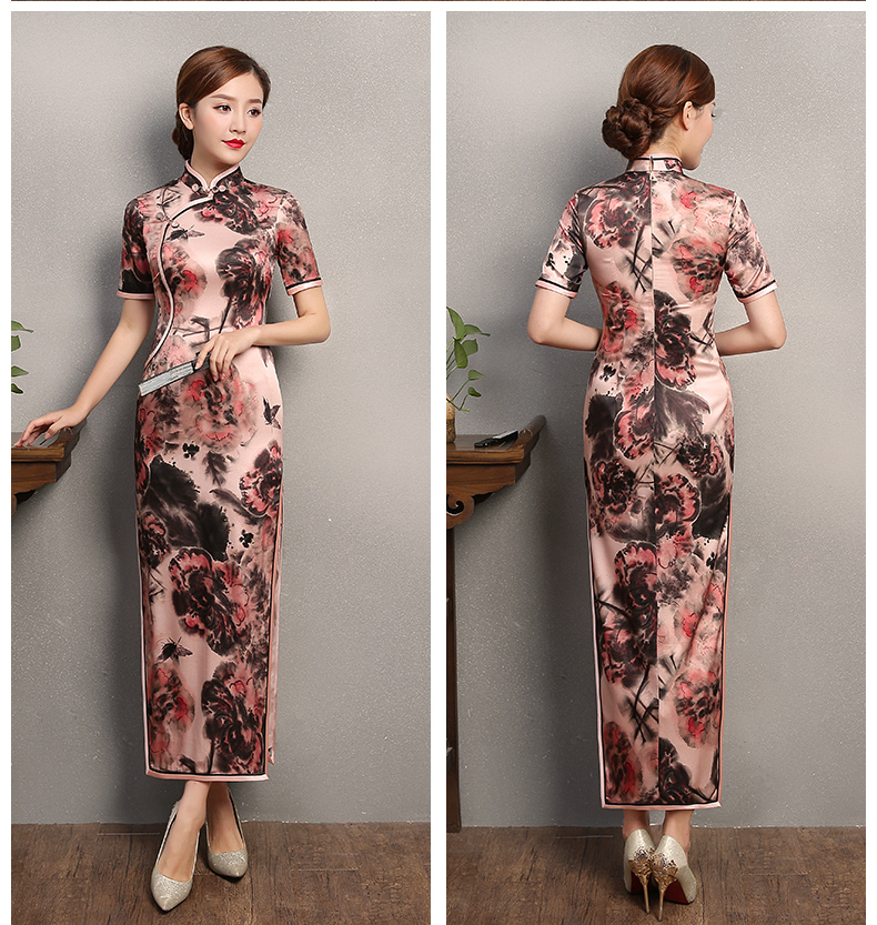 秋鴻印花旗袍，真絲中袖旗袍裙